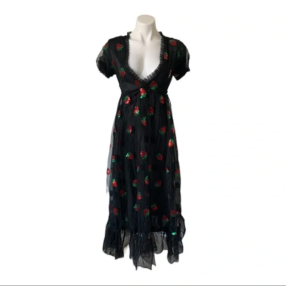 black dress with strawberries Strawberry Embroidered Dress Black / 4 (AU)